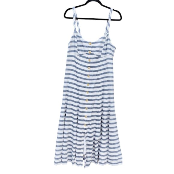 MAEVE ANTHROPOLOGIE | Linen Blend Striped Button Maxi Or Midi Dress Nautical 12P - Picture 3 of 16